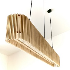 Suspended light fitting in timber