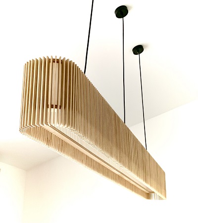 Suspended light fitting in timber