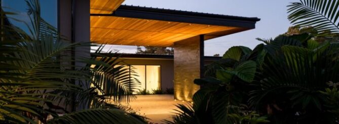 Exterior entry lighting design highlighting stone & timber